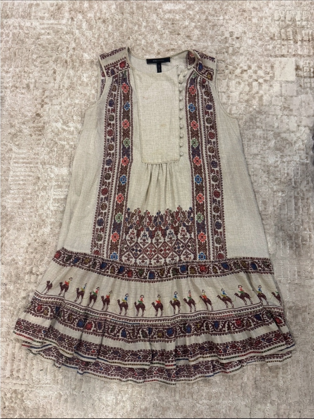 BCBGMaxAzria Cream Sleeveless Embroidered Boho Dress with Multicolor Accents